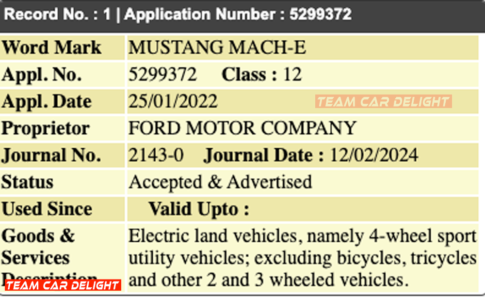 Ford Mustang Mach E Trademark Application details